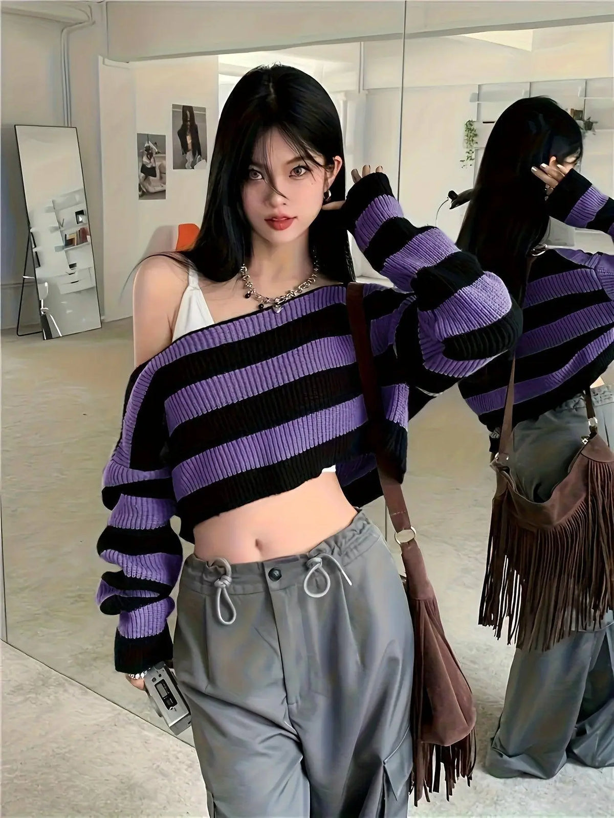 Stripe Print Boat Neck Sweater, Y2K Long Sleeve Crop Sweater For Spring & Fall, Women's Clothing - SS69