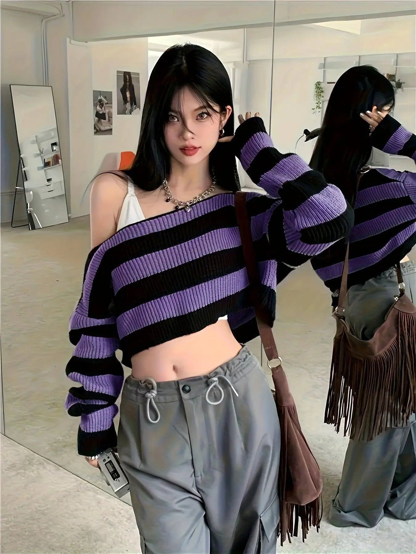 Stripe Print Boat Neck Sweater, Y2K Long Sleeve Crop Sweater For Spring & Fall, Women's Clothing - SS69
