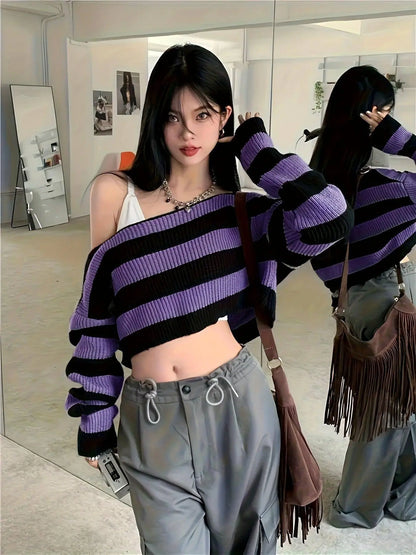 Stripe Print Boat Neck Sweater, Y2K Long Sleeve Crop Sweater For Spring & Fall, Women's Clothing - SS69