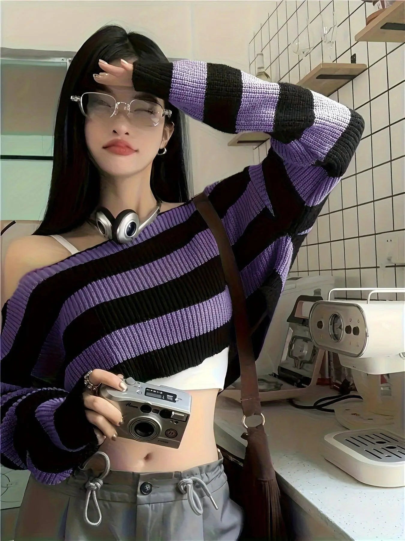 Stripe Print Boat Neck Sweater, Y2K Long Sleeve Crop Sweater For Spring & Fall, Women's Clothing - SS69