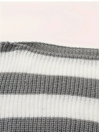 Stripe Print Boat Neck Sweater, Y2K Long Sleeve Crop Sweater For Spring & Fall, Women's Clothing - SS69