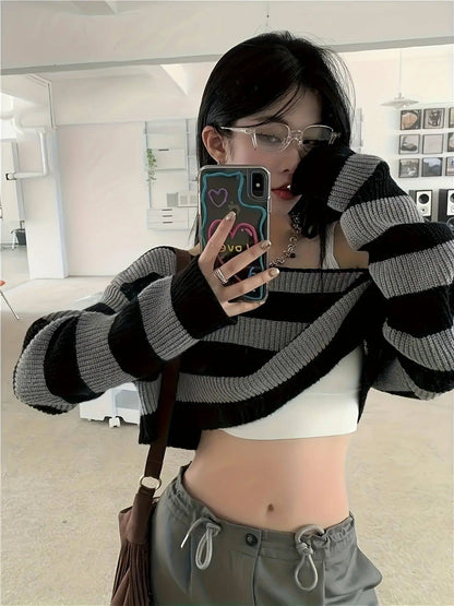 Stripe Print Boat Neck Sweater, Y2K Long Sleeve Crop Sweater For Spring & Fall, Women's Clothing - SS69