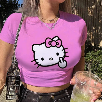 Summer Aesthetic Patchwork Crop Top Women Vintage Punk Hello Kitty Print Short Sleeve T-Shirt Sexy style Y2k Clothes Pink Tee SS69