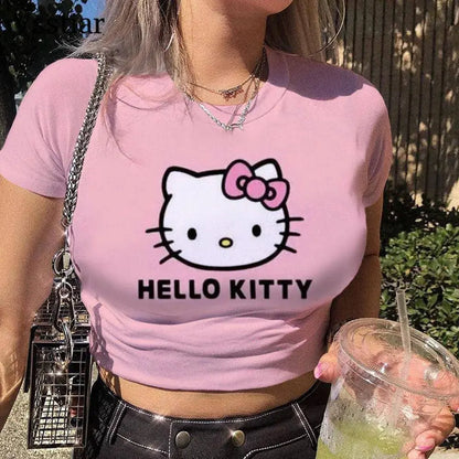 Summer Aesthetic Patchwork Crop Top Women Vintage Punk Hello Kitty Print Short Sleeve T-Shirt Sexy style Y2k Clothes Pink Tee SS69
