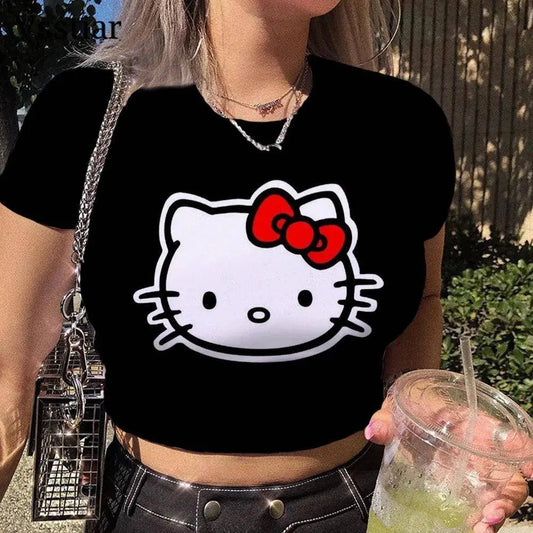 Summer Aesthetic Patchwork Crop Top Women Vintage Punk Hello Kitty Print Short Sleeve T-Shirt Sexy style Y2k Clothes Pink Tee SS69
