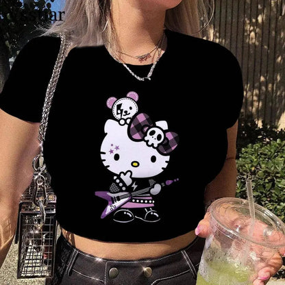 Summer Aesthetic Patchwork Crop Top Women Vintage Punk Hello Kitty Print Short Sleeve T-Shirt Sexy style Y2k Clothes Pink Tee SS69
