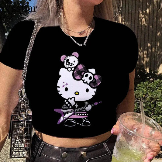 Summer Aesthetic Patchwork Crop Top Women Vintage Punk Hello Kitty Print Short Sleeve T-Shirt Sexy style Y2k Clothes Pink Tee SS69
