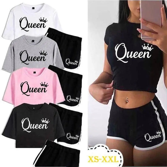 Summer Fashion Women Queen Print Tracksuit Clothes 2 Piece Set Woman Sports Suits Shorts Crop Tops Shorts Pants Outfit SS69