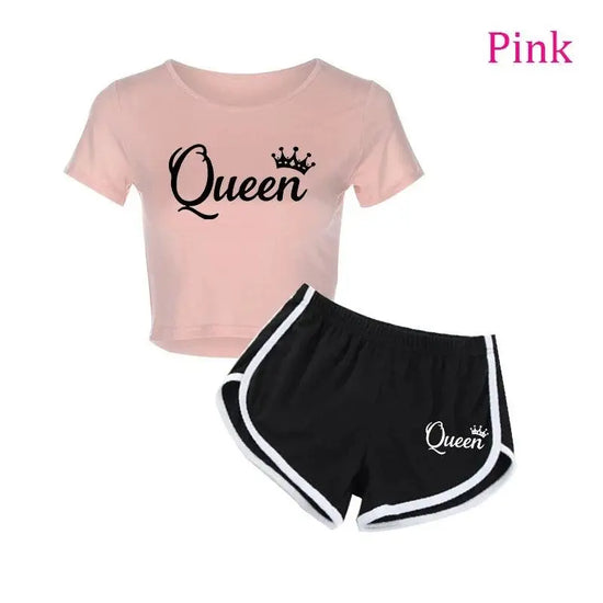 Summer Fashion Women Queen Print Tracksuit Clothes 2 Piece Set Woman Sports Suits Shorts Crop Tops Shorts Pants Outfit SS69