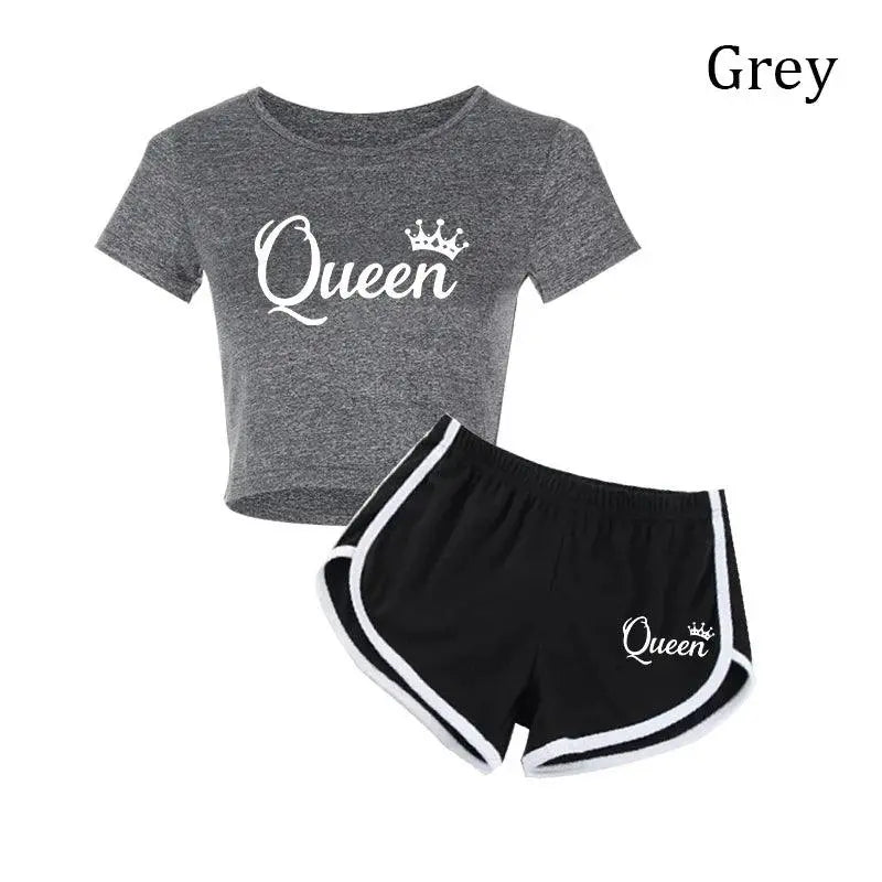 Summer Fashion Women Queen Print Tracksuit Clothes 2 Piece Set Woman Sports Suits Shorts Crop Tops Shorts Pants Outfit SS69