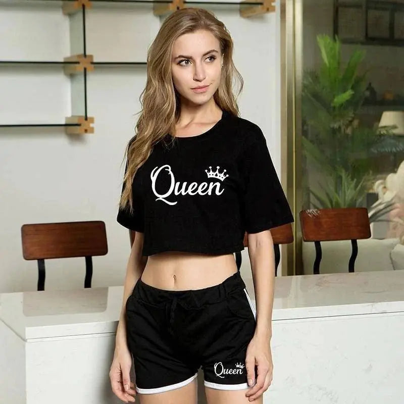 Summer Fashion Women Queen Print Tracksuit Clothes 2 Piece Set Woman Sports Suits Shorts Crop Tops Shorts Pants Outfit SS69