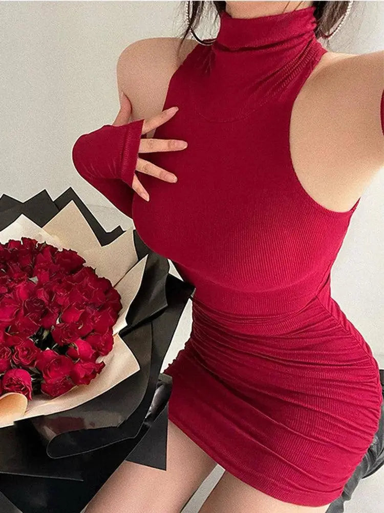Summer Sexy High Neck Tight Dress Oversleeve Pleated Bottom Wrapped Hip Dress Women Bodycon SS69