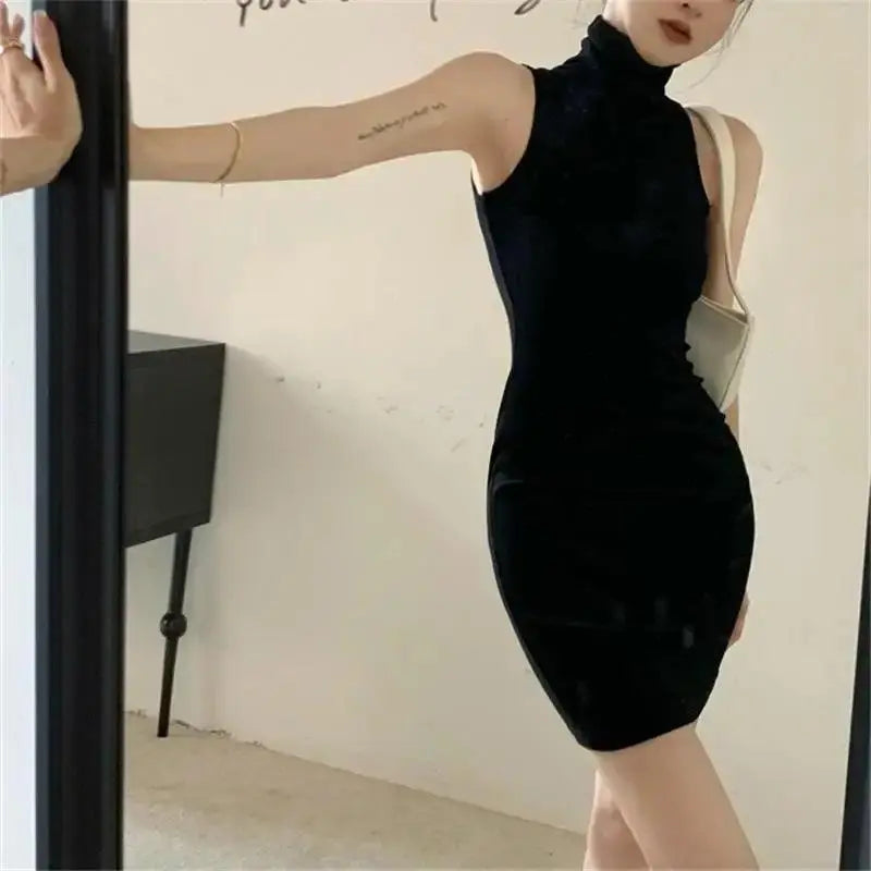 Summer Sexy High Neck Tight Dress Oversleeve Pleated Bottom Wrapped Hip Dress Women Bodycon SS69
