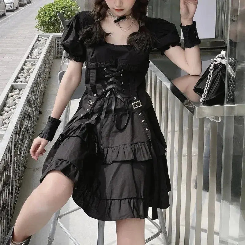 Summer Women's Gothic Lolita Dress Goth Punk Gothic Girl Harajuku Mall Goth Style Bandage Emo Clothes Mini Dress Spring Summer SS69