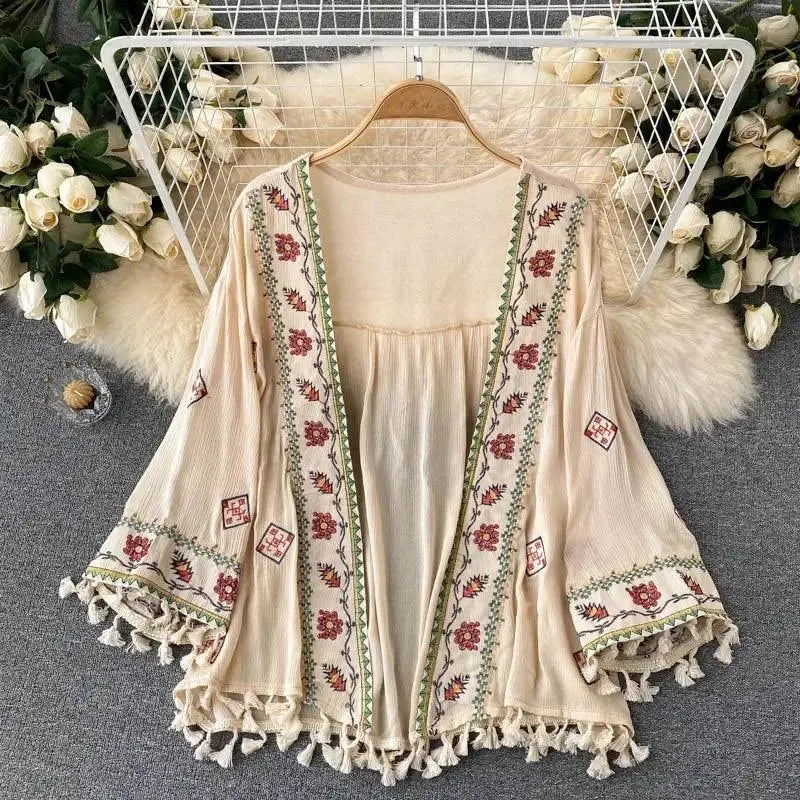 Summer Women's Shirt Bohemian Holiday Style Embroidered Tassel Chiffon Cardigan New Waist Female Slim Short Tops E015 - SS69