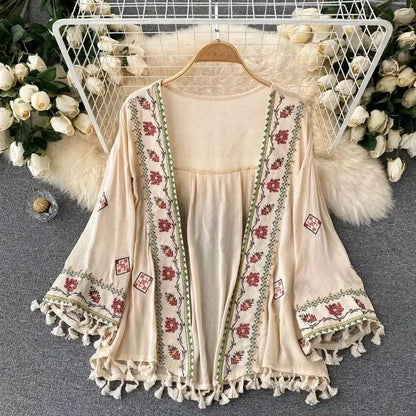 Summer Women's Shirt Bohemian Holiday Style Embroidered Tassel Chiffon Cardigan New Waist Female Slim Short Tops E015 - SS69