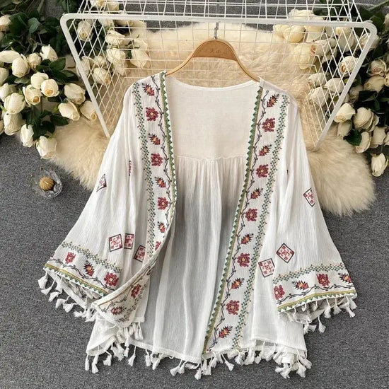 Summer Women's Shirt Bohemian Holiday Style Embroidered Tassel Chiffon Cardigan New Waist Female Slim Short Tops E015 - SS69