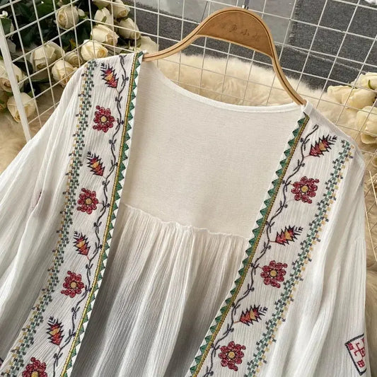 Summer Women's Shirt Bohemian Holiday Style Embroidered Tassel Chiffon Cardigan New Waist Female Slim Short Tops E015 SS69