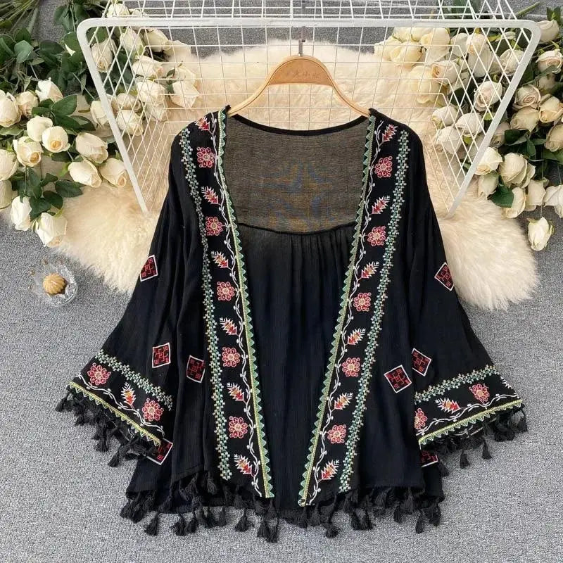 Summer Women's Shirt Bohemian Holiday Style Embroidered Tassel Chiffon Cardigan New Waist Female Slim Short Tops E015 - SS69