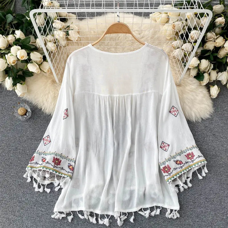 Summer Women's Shirt Bohemian Holiday Style Embroidered Tassel Chiffon Cardigan New Waist Female Slim Short Tops E015 SS69