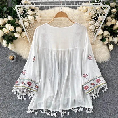 Summer Women's Shirt Bohemian Holiday Style Embroidered Tassel Chiffon Cardigan New Waist Female Slim Short Tops E015 SS69