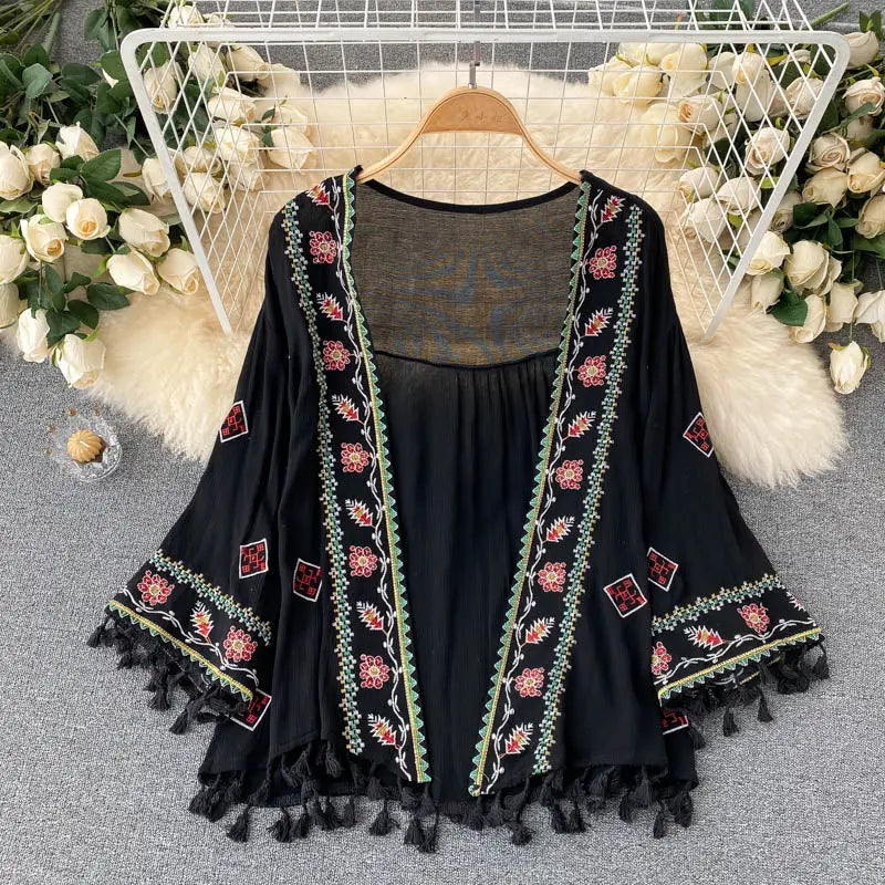 Summer Women's Shirt Bohemian Holiday Style Embroidered Tassel Chiffon Cardigan New Waist Female Slim Short Tops E015 SS69