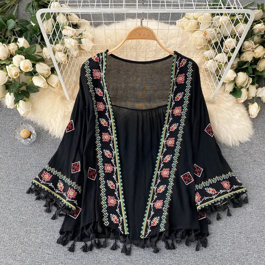 Summer Women's Shirt Bohemian Holiday Style Embroidered Tassel Chiffon Cardigan New Waist Female Slim Short Tops E015 SS69