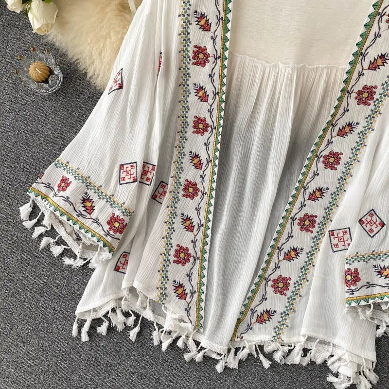 Summer Women's Shirt Bohemian Holiday Style Embroidered Tassel Chiffon Cardigan New Waist Female Slim Short Tops E015 SS69