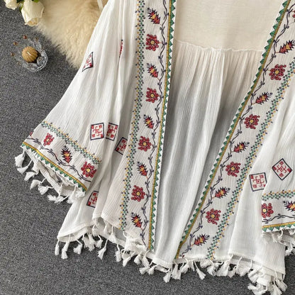 Summer Women's Shirt Bohemian Holiday Style Embroidered Tassel Chiffon Cardigan New Waist Female Slim Short Tops E015 SS69