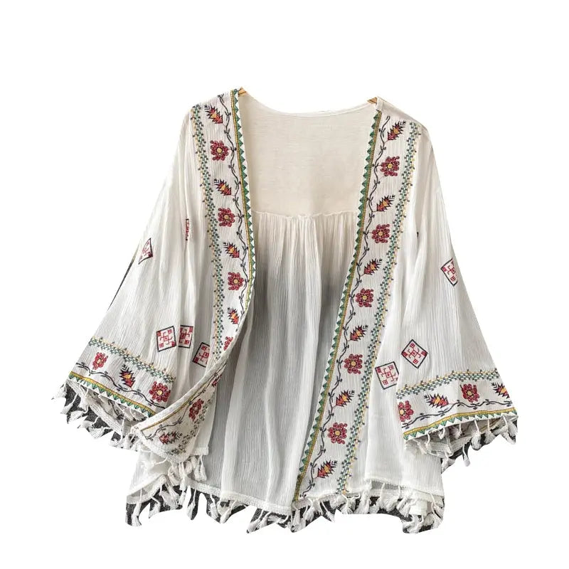Summer Women's Shirt Bohemian Holiday Style Embroidered Tassel Chiffon Cardigan New Waist Female Slim Short Tops E015 SS69