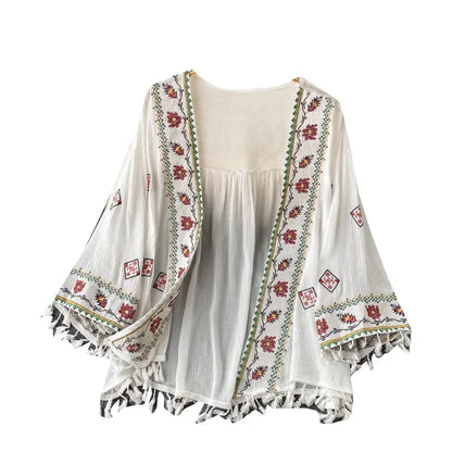 Summer Women's Shirt Bohemian Holiday Style Embroidered Tassel Chiffon Cardigan New Waist Female Slim Short Tops E015 SS69