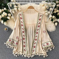 Summer Women's Shirt Bohemian Holiday Style Embroidered Tassel Chiffon Cardigan New Waist Female Slim Short Tops E015 SS69