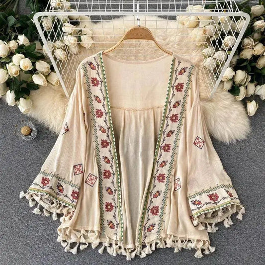 Summer Women's Shirt Bohemian Holiday Style Embroidered Tassel Chiffon Cardigan New Waist Female Slim Short Tops E015 SS69