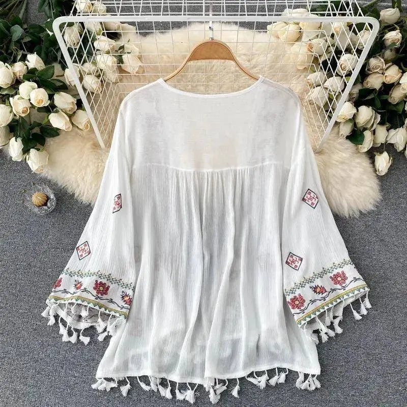 Summer Women's Shirt Bohemian Holiday Style Embroidered Tassel Chiffon Cardigan New Waist Female Slim Short Tops E015 SS69