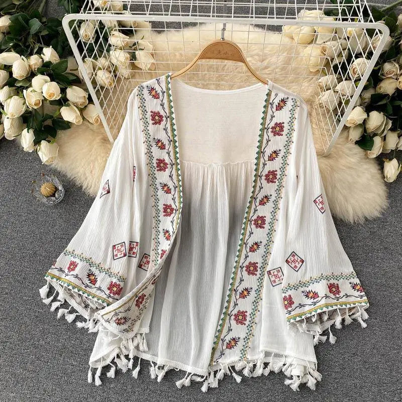 Summer Women's Shirt Bohemian Holiday Style Embroidered Tassel Chiffon Cardigan New Waist Female Slim Short Tops E015 SS69