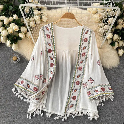 Summer Women's Shirt Bohemian Holiday Style Embroidered Tassel Chiffon Cardigan New Waist Female Slim Short Tops E015 SS69