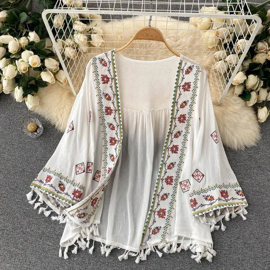 Summer Women's Shirt Bohemian Holiday Style Embroidered Tassel Chiffon Cardigan New Waist Female Slim Short Tops E015 SS69