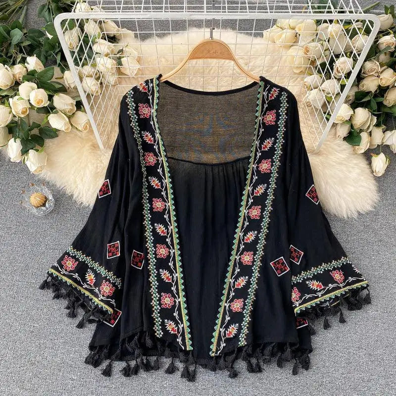 Summer Women's Shirt Bohemian Holiday Style Embroidered Tassel Chiffon Cardigan New Waist Female Slim Short Tops E015 SS69