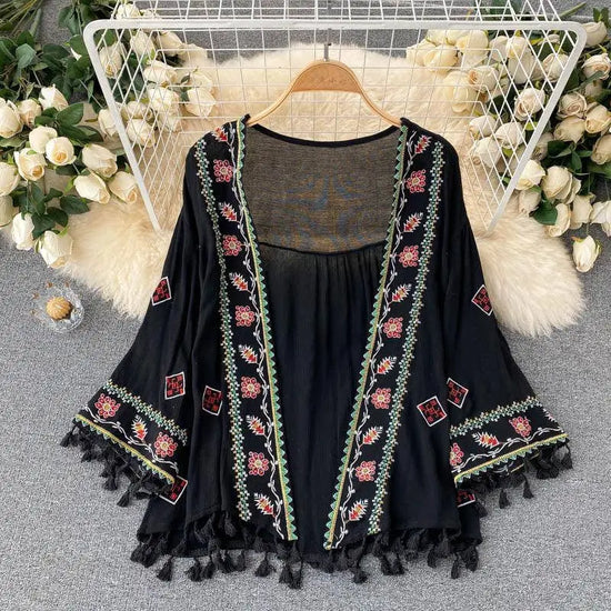 Summer Women's Shirt Bohemian Holiday Style Embroidered Tassel Chiffon Cardigan New Waist Female Slim Short Tops E015 SS69