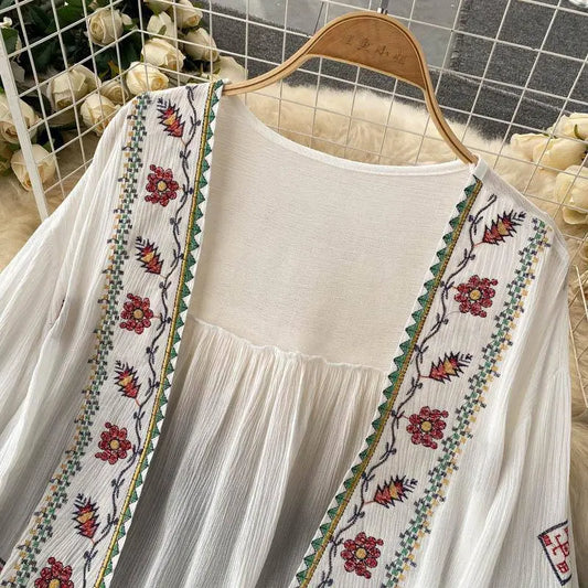 Summer Women's Shirt Bohemian Holiday Style Embroidered Tassel Chiffon Cardigan New Waist Female Slim Short Tops E015 SS69