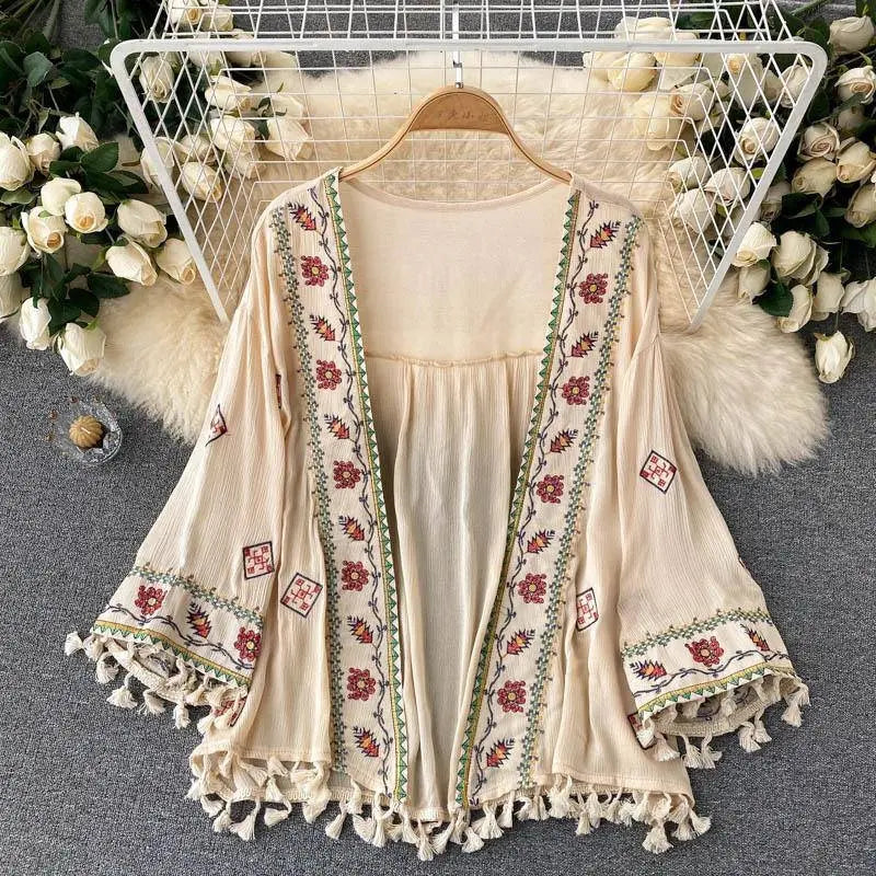 Summer Women's Shirt Bohemian Holiday Style Embroidered Tassel Chiffon Cardigan New Waist Female Slim Short Tops E015 SS69