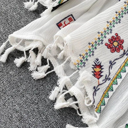 Summer Women's Shirt Bohemian Holiday Style Embroidered Tassel Chiffon Cardigan New Waist Female Slim Short Tops E015 SS69