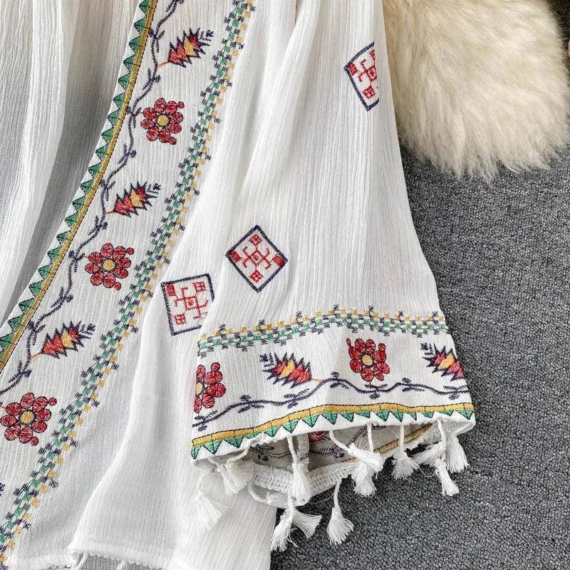 Summer Women's Shirt Bohemian Holiday Style Embroidered Tassel Chiffon Cardigan New Waist Female Slim Short Tops E015 SS69