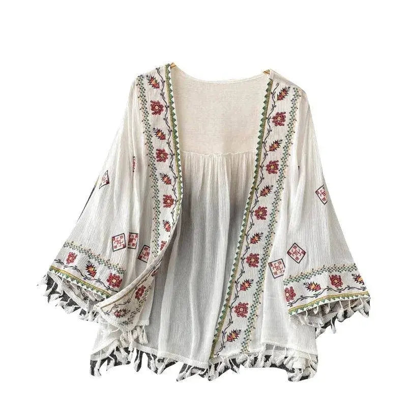 Summer Women's Shirt Bohemian Holiday Style Embroidered Tassel Chiffon Cardigan New Waist Female Slim Short Tops E015 SS69