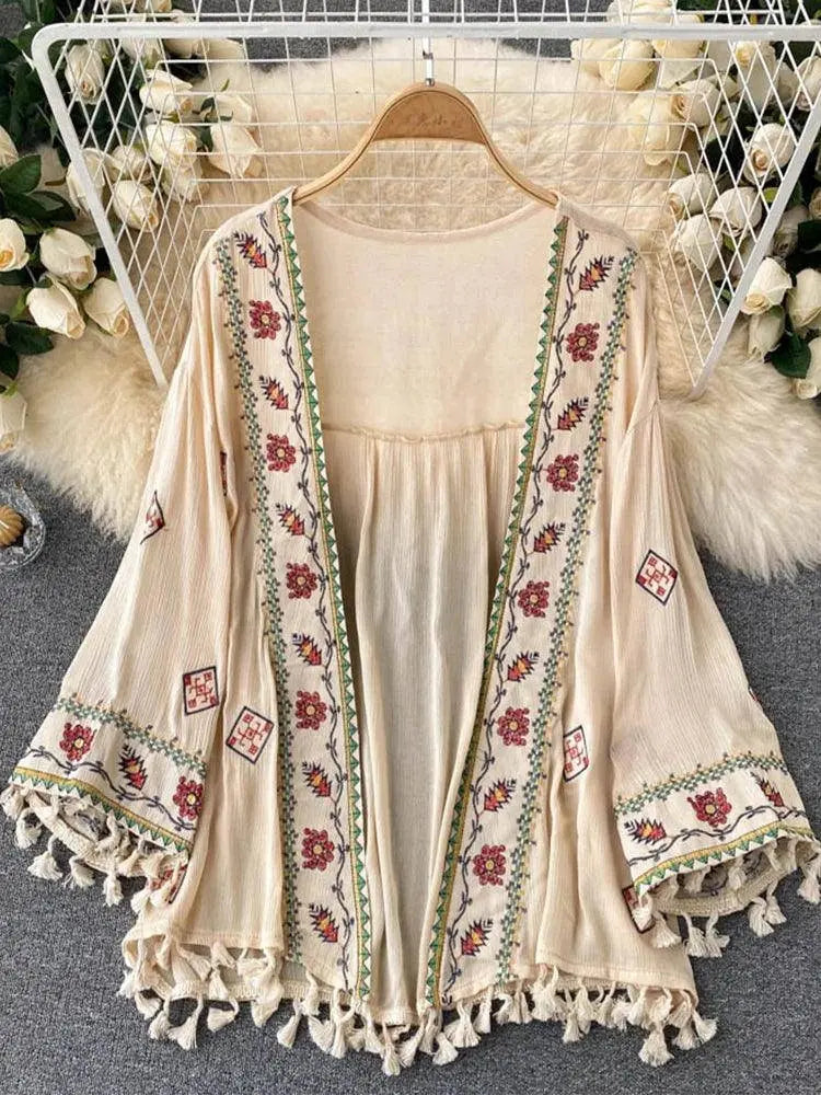 Summer Women's Shirt Bohemian Holiday Style Embroidered Tassel Chiffon Cardigan New Waist Female Slim Short Tops E015 SS69