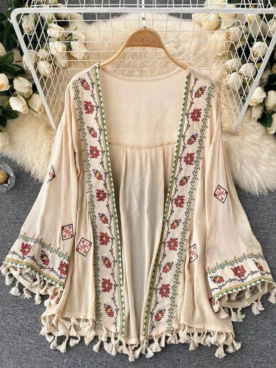 Summer Women's Shirt Bohemian Holiday Style Embroidered Tassel Chiffon Cardigan New Waist Female Slim Short Tops E015 SS69