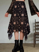 Sun & Moon Print Asymmetric Hem Mesh Skirt, Y2K High Waist Frill Trim Skirt, Women's Clothing SS69