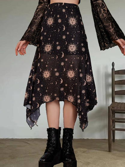 Sun & Moon Print Asymmetric Hem Mesh Skirt, Y2K High Waist Frill Trim Skirt, Women's Clothing SS69