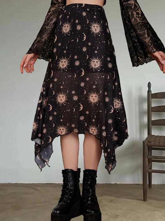 Sun & Moon Print Asymmetric Hem Mesh Skirt, Y2K High Waist Frill Trim Skirt, Women's Clothing SS69