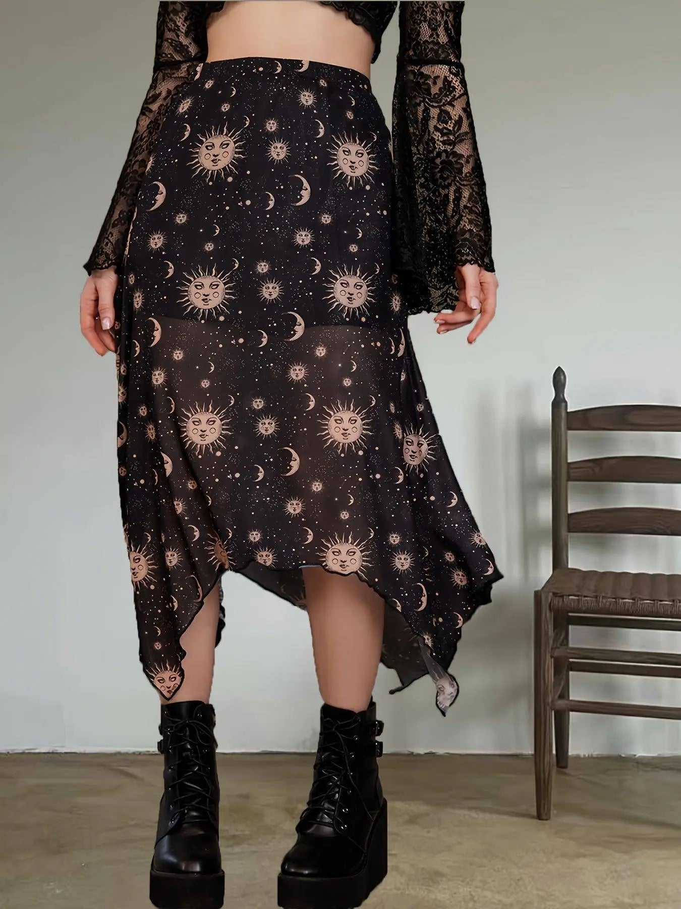 Sun & Moon Print Asymmetric Hem Mesh Skirt, Y2K High Waist Frill Trim Skirt, Women's Clothing SS69